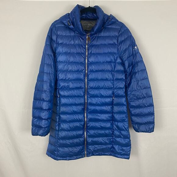 Donna Karan Packable Down Jacket Size M Blue Hooded Puffer Coat Lightweight - Picture 1 of 7